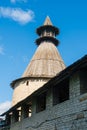 Pskov, Russia, September 6, 2023. Watchtower with a gazebo above the fortress wall. Royalty Free Stock Photo