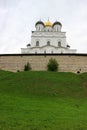 Pskov trinity cathedral inside the kremlin krom walls on the green hill Royalty Free Stock Photo