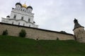 Pskov trinity cathedral inside the kremlin krom walls on the green hill Royalty Free Stock Photo