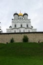 Pskov trinity cathedral inside the kremlin krom walls on the green hill Royalty Free Stock Photo
