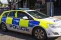 A PSNI police patrol car cruising the pedestrian zone in the Diamond in Coleraine, Northern Ireland