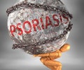 Psoriasis and hardship in life - pictured by word Psoriasis as a heavy weight on shoulders to symbolize Psoriasis as a burden, 3d