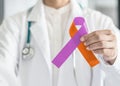 Psoriasis illness and Eczema Dermatitis skin disease awareness campaign concept with orchid purple orange ribbon