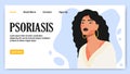 Psoriasis treatment banner, woman with allergic skin inflammation. Redness and irritation