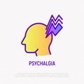 Psychalgia thin line icon: headache as symptom of neurosis. Modern vector illustration of mental illness