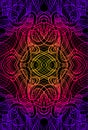 Psychedelic abstract trippy colorful fractal, gradient neon color outline, with black background. Decorative element flower