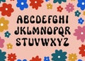 Vector psychedelic alphabet. Groovy psychedelia fun hand drawn font. Trippy simple geometric design template. Boho style ABC. Dope