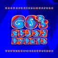 Psychedelic alphabet vector font. Hand drawn letters and numbers in 60s hippy style on a bright background.