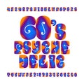 Psychedelic alphabet vector font. Hand drawn letters and numbers in 60`s hippy style.