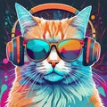 Psychedelic art, digital illustration of a cool cat , vector,Cool cat in headphones and sunglasses listens to music