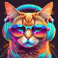 Psychedelic art, digital illustration of a cool cat , vector,Cool cat in headphones and sunglasses listens to music