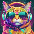 Psychedelic art, digital illustration of a cool cat , vector,Cool cat in headphones and sunglasses listens to music
