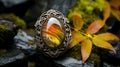 Psychedelic Art Nouveau Ring With Gold Foxing On Rock