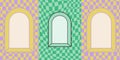 Psychedelic background with checker pattern and arched frame windows in pastel green, yellow, and purple. Psychedelic frame window Royalty Free Stock Photo
