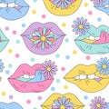 Psychedelic pattern lips with flowers in 70s 80s retro hippie style Royalty Free Stock Photo