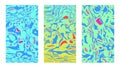 Psychedelic backgrounds set for posters and cover designs. Dynamical rippled surface, illusion, curvature. Abstract artistic fluid