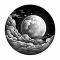 Psychedelic Black And White Pencil Drawing Of The Moon Over Clouds