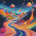 psychedelic brainscape with pulsating dot patterns and floating clouds