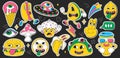 Psychedelic cartoon groovy stickers set with retro surreal elements