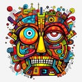 Psychedelic Cartoon Head: A Fusion Of Mayan Art And Technological Design