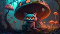 Psychedelic cat in the enchanted forest. Fairy tale illustration of a cat with mushrooms, a fictional image