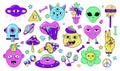 Psychedelic characters set. Skull and alien emoji sticker, crazy doodle smiling creatures. Retro surreal trippy hippie