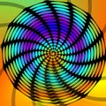 Psychedelic circle swirly shape, black drawing with rainbow rounded background, vivid expressive colors