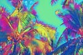 Psychedelic coco palm leaf on vivid sky background. Tropical nature digital illustration. Exotic island landscape. Royalty Free Stock Photo