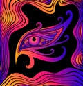 Psychedelic colorful eye and waves. Fantastic art with decorative eye. Surreal doodle pattern. Bright gradient color