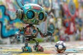 Psychedelic colorful robot football player kicking soccer ball, illustration