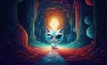 Psychedelic cosmic guru cat with infinite wisdom of the universes, hypnotic eyes captivates you, generative AI