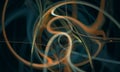 Psychedelic 3d illustration of dynamic chaotic stripes of lights over blurry background.