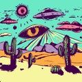 Psychedelic desert landscape with surreal cactuses, UFOs, aliens and floating eyes