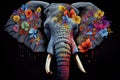 Psychedelic elephant head and large, wrapped in flowers