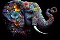 Psychedelic elephant head and large, wrapped in flowers