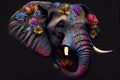 Psychedelic elephant head and large, wrapped in flowers