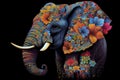 Psychedelic elephant head and large, wrapped in flowers