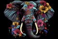 Psychedelic elephant head and large, wrapped in flowers