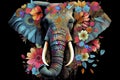 Psychedelic elephant head and large, wrapped in flowers