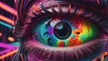 Psychedelic eye infused with abstract neon streaks set against a vibrant neon world. Generative AI