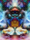 Psychedelic eyes and eagle heads on multicolor abstract backgroung with ornamental pattern. Royalty Free Stock Photo