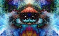 Psychedelic eyes on multicolor abstract backgroung with ornamental pattern. Royalty Free Stock Photo