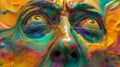 Psychedelic face melting with colorful paint swirls