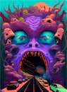 Psychedelic fantasy poster. Surreal hallucinations. Template for cards, stickers, baners, posters, web, social media, print