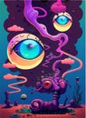 Psychedelic fantasy poster. Surreal hallucinations. Template for cards, stickers, baners, posters, web, social media, print