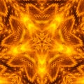 Psychedelic fire fractal kaleidoscope mandala gradient bright orange, yellow colors on brown background.