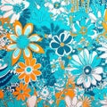 Psychedelic floral patterns, bright and warm colors, blue, turquoise and white, 70s style, paint drawing. Royalty Free Stock Photo