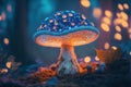 Psychedelic fluorescent mushroom in the enchanted forest. Generative AI