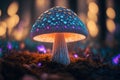 Psychedelic fluorescent mushroom in the enchanted forest. Generative AI