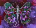 Psychedelic flying butterfly in a bright turbulent red and purple sky